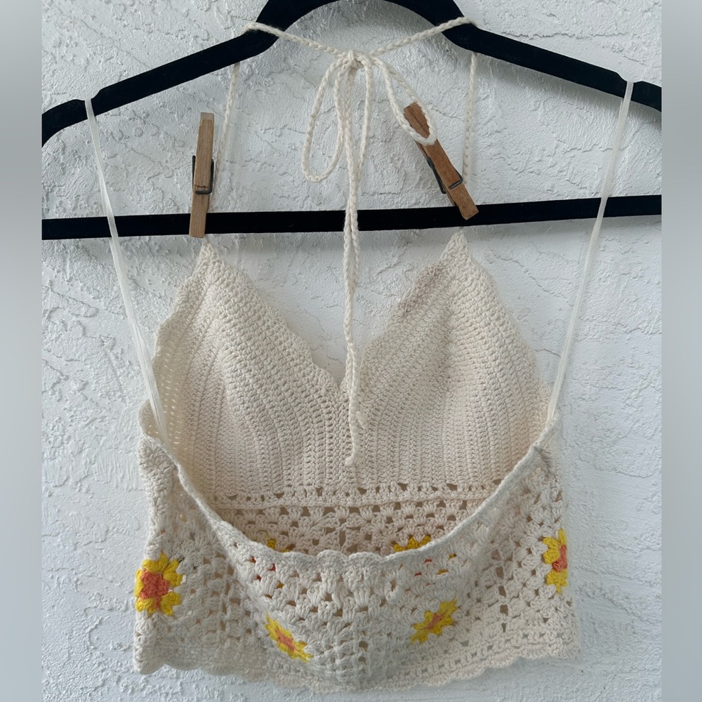 Aerie Crochet Textured Floral Cropped Halter Bra Top XS Neutral - Picture 6 of 9